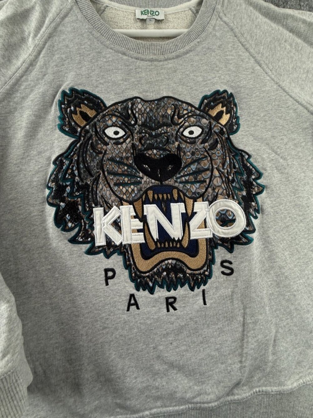 KENZO Paris Sweatshirt Pullover Graphic Print Long Sleeve Large Gray Tiger Logo - Picture 2 of 16